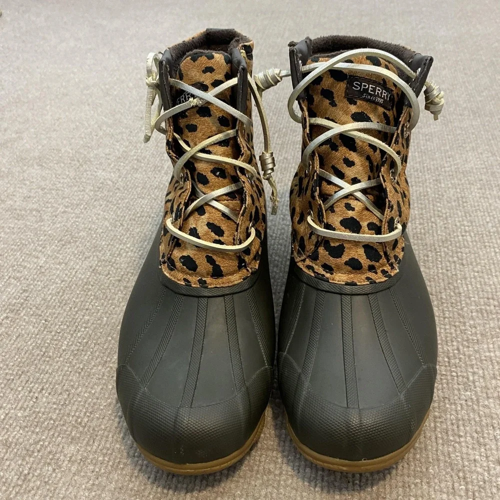 Sperry Duck Boots Womens Size‎ 8 Brown Leopard Waterproof Ankle Zip STS86757